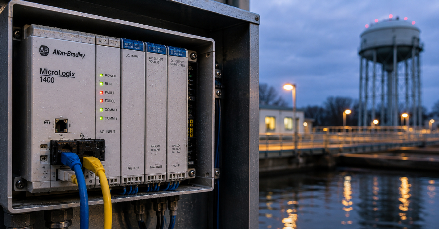 MicroLogix 1400 controller in an open outdoor cabinet, water tower behind